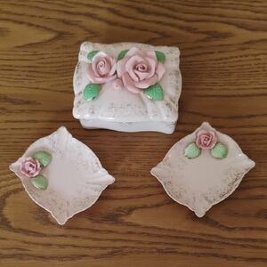 Porcelain Pink Rose Box and Dishes - Decorative Home Accent - Occupied Japan